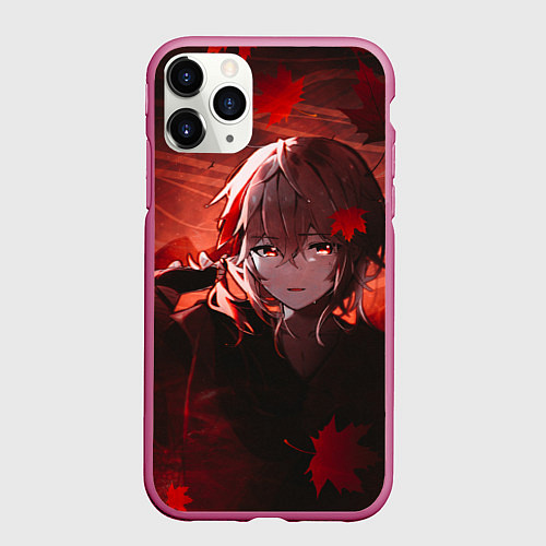 Чехол iPhone 11 Pro матовый Кадзуха в кленовых листьях / 3D-Малиновый – фото 1