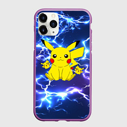 Чехол iPhone 11 Pro матовый ПИКАЧУ НА ФОНЕ МОЛНИЙ PIKACHU FLASH, цвет: 3D-фиолетовый
