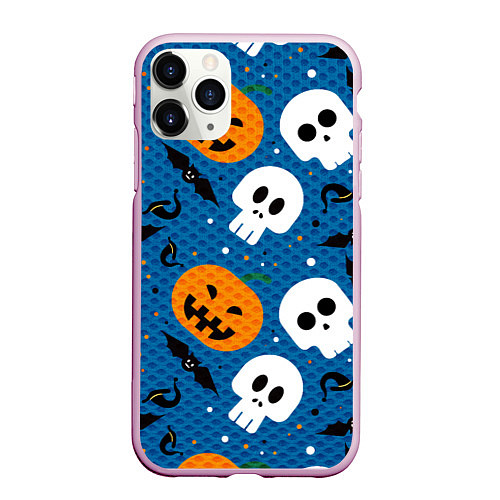 Чехол iPhone 11 Pro матовый ЧЕРЕПА И ТЫКВЫ HALLOWEEN / 3D-Розовый – фото 1