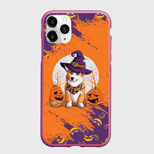 Чехол iPhone 11 Pro матовый Корги на хэллоуине / 3D-Малиновый – фото 1