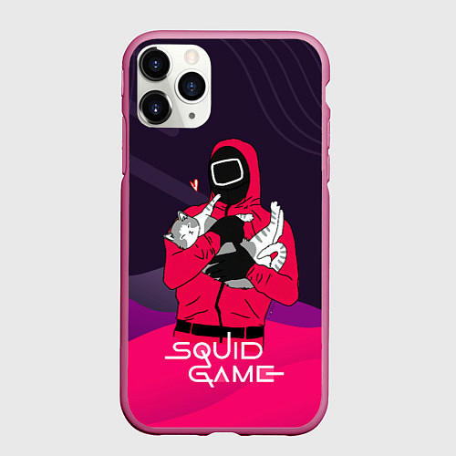 Чехол iPhone 11 Pro матовый Игра в кальмара - с милым котиком / 3D-Малиновый – фото 1