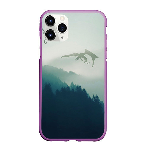 Чехол iPhone 11 Pro матовый ДРАКОНЫ НАД ЛЕСОМ DRAGON / 3D-Фиолетовый – фото 1