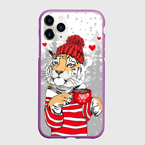 Чехол iPhone 11 Pro матовый Тигр с чашкой кофе / 3D-Фиолетовый – фото 1