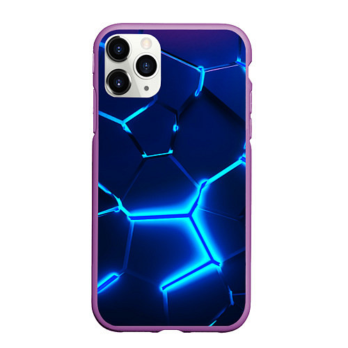 Чехол iPhone 11 Pro матовый 3D ПЛИТЫ NEON STEEL НЕОНОВЫЕ ПЛИТЫ / 3D-Фиолетовый – фото 1