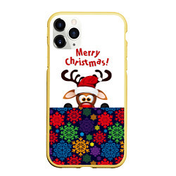 Чехол iPhone 11 Pro матовый Merry Christmas оленёнок, цвет: 3D-желтый