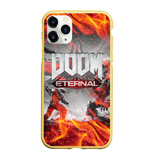 Чехол iPhone 11 Pro матовый DOOM ETERNAL ДУМ ПАЛАЧ РОКА В ОГНЕ / 3D-Желтый – фото 1