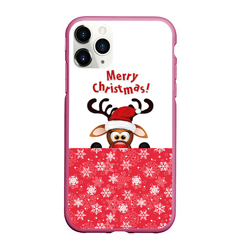 Чехол iPhone 11 Pro матовый Оленёнок Merry Christmas / 3D-Малиновый – фото 1