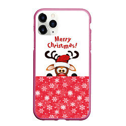 Чехол iPhone 11 Pro матовый Оленёнок Merry Christmas, цвет: 3D-малиновый