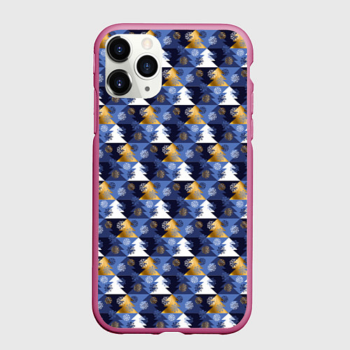 Чехол iPhone 11 Pro матовый Ёлочки - Снежинки / 3D-Малиновый – фото 1