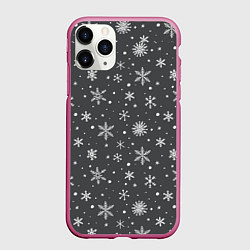 Чехол iPhone 11 Pro матовый Белые снежинки на сером фоне, цвет: 3D-малиновый