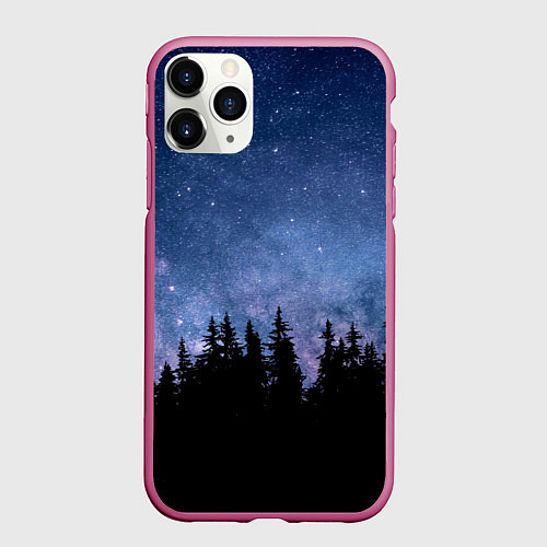 Чехол iPhone 11 Pro матовый НОЧНОЙ ЛЕС И ЗВЕЗДЫ / 3D-Малиновый – фото 1