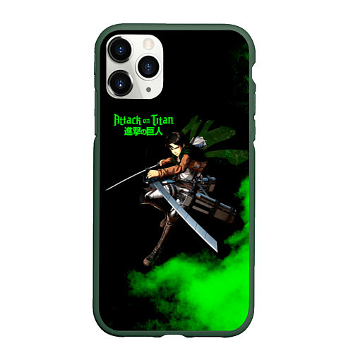 Чехол iPhone 11 Pro матовый Атака титанов ядовитый зеленый дым Леви Аккерман / 3D-Темно-зеленый – фото 1