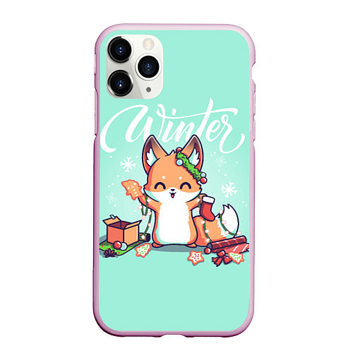 Чехол iPhone 11 Pro матовый Зима Новогодний лисенок / 3D-Розовый – фото 1