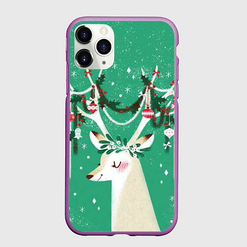 Чехол iPhone 11 Pro матовый Олень Новый год / 3D-Фиолетовый – фото 1