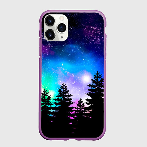 Чехол iPhone 11 Pro матовый Космический лес, елки и звезды / 3D-Фиолетовый – фото 1