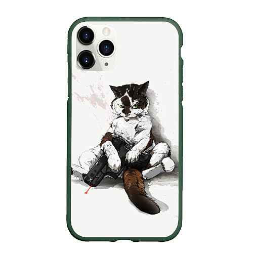 Чехол iPhone 11 Pro матовый Котик с пистолетом на стене мем / 3D-Темно-зеленый – фото 1