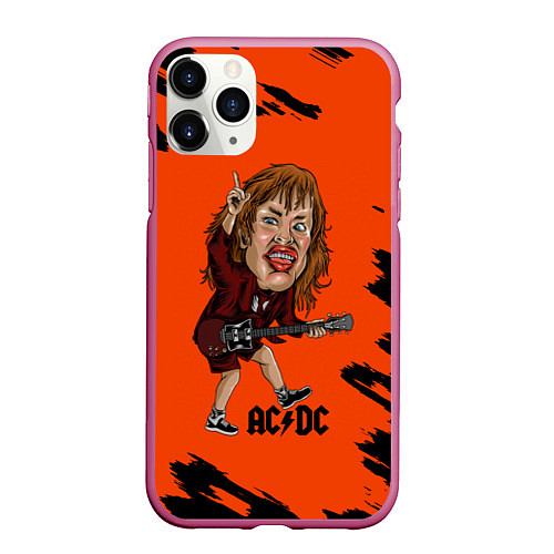 Чехол iPhone 11 Pro матовый Шарж Ангус Янг ACDC / 3D-Малиновый – фото 1