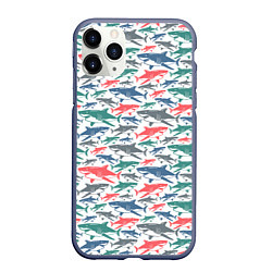 Чехол iPhone 11 Pro матовый Разноцветные Акулы, цвет: 3D-серый