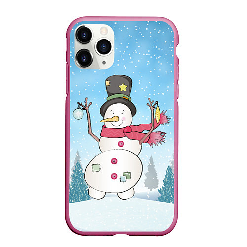 Чехол iPhone 11 Pro матовый Снеговик в снежном дворике / 3D-Малиновый – фото 1