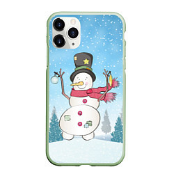 Чехол iPhone 11 Pro матовый Снеговик в снежном дворике, цвет: 3D-салатовый