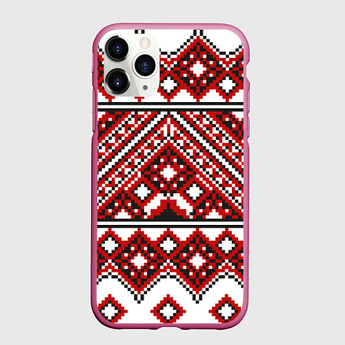 Чехол iPhone 11 Pro матовый Русский узор, геометрическая вышивка / 3D-Малиновый – фото 1