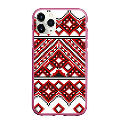 Чехол iPhone 11 Pro матовый Русский узор, геометрическая вышивка, цвет: 3D-малиновый
