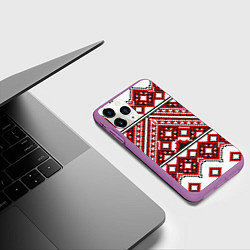Чехол iPhone 11 Pro матовый Русский узор, геометрическая вышивка, цвет: 3D-фиолетовый — фото 2