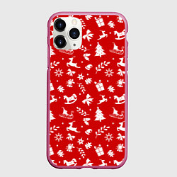 Чехол iPhone 11 Pro матовый НОВОГОДНИЙ УЗОР КРАСНО БЕЛЫЙ, цвет: 3D-малиновый