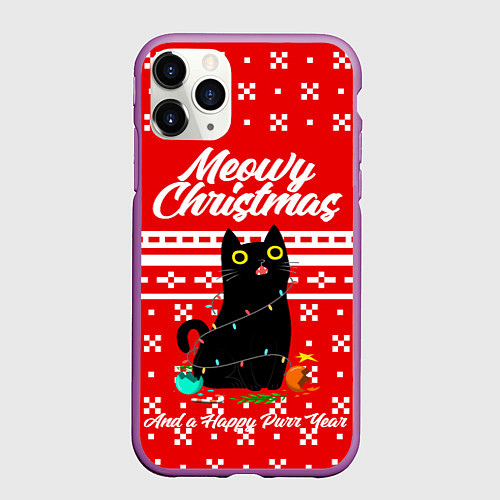 Чехол iPhone 11 Pro матовый MEOW CHRISTMAS / 3D-Фиолетовый – фото 1