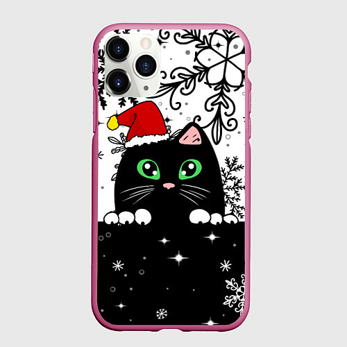 Чехол iPhone 11 Pro матовый Новогодний кот в колпаке Санты / 3D-Малиновый – фото 1
