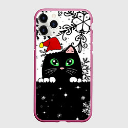 Чехол iPhone 11 Pro матовый Новогодний кот в колпаке Санты, цвет: 3D-малиновый