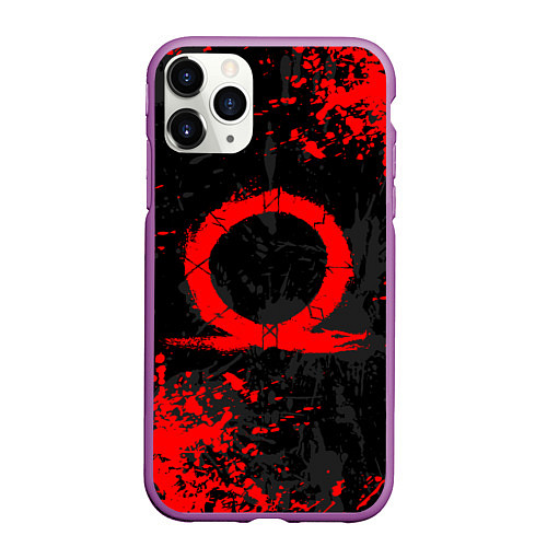 Чехол iPhone 11 Pro матовый GOD OF WAR LOGO RED, БРЫЗГИ КРАСОК / 3D-Фиолетовый – фото 1