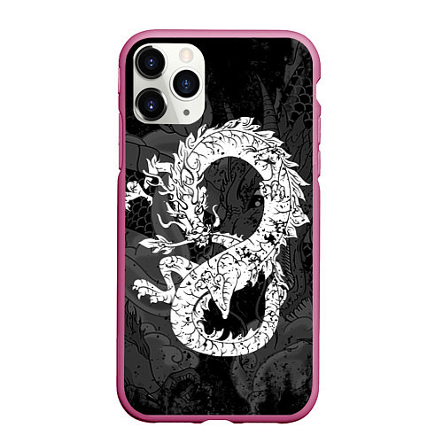 Чехол iPhone 11 Pro матовый Белый Дракон Гранж White Dragon / 3D-Малиновый – фото 1