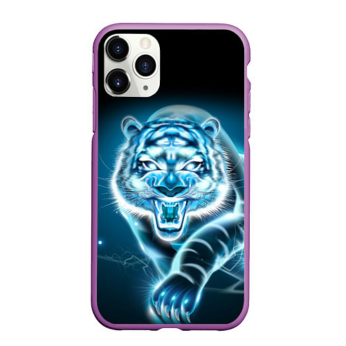 Чехол iPhone 11 Pro матовый НЕНОНОВЫЙ ТИГР 2022 NEON TIGER NEW YEAR / 3D-Фиолетовый – фото 1