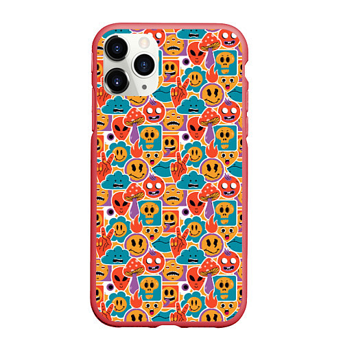 Чехол iPhone 11 Pro матовый Психоделика Космос Смайлы / 3D-Красный – фото 1
