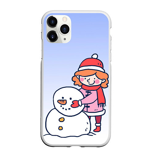 Чехол iPhone 11 Pro матовый Девочка лепит снеговика / 3D-Белый – фото 1