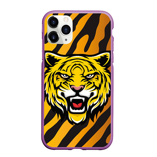 Чехол iPhone 11 Pro матовый Рычащий тигр голова / 3D-Фиолетовый – фото 1