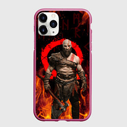 Чехол iPhone 11 Pro матовый GOD OF WAR РАГНАРЁК, КРАТОС В ОГНЕ, цвет: 3D-малиновый