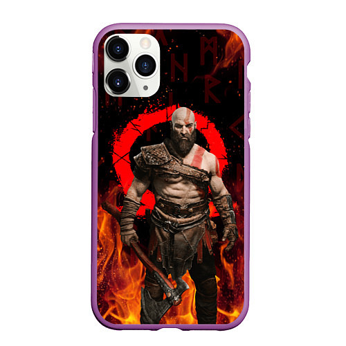 Чехол iPhone 11 Pro матовый GOD OF WAR РАГНАРЁК, КРАТОС В ОГНЕ / 3D-Фиолетовый – фото 1