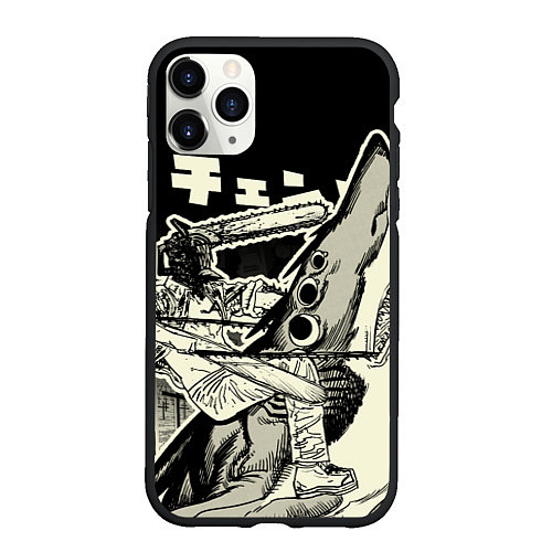 Чехол iPhone 11 Pro матовый Человек-бензопила и Демон-акула / 3D-Черный – фото 1