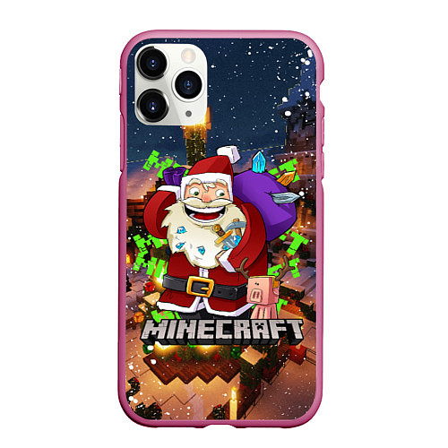 Чехол iPhone 11 Pro матовый НОВОГОДНЯЯ ЁЛКА В МАЙНКРАФТ SANTA CLAUS / 3D-Малиновый – фото 1