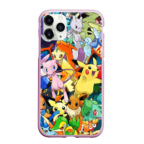 Чехол iPhone 11 Pro матовый АНИМЕ, ПОКЕМОНЫ ВСЕ ПЕРСОНАЖИ POKEMON / 3D-Розовый – фото 1