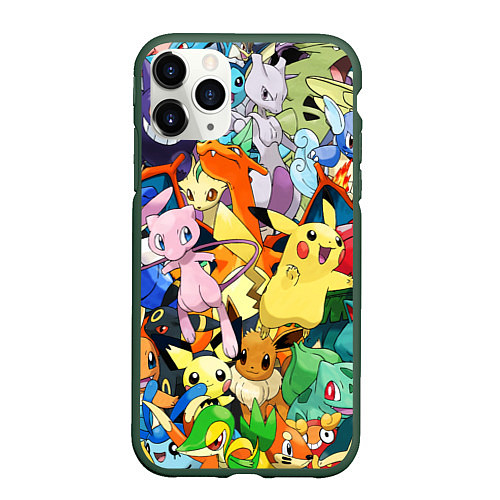 Чехол iPhone 11 Pro матовый АНИМЕ, ПОКЕМОНЫ ВСЕ ПЕРСОНАЖИ POKEMON / 3D-Темно-зеленый – фото 1