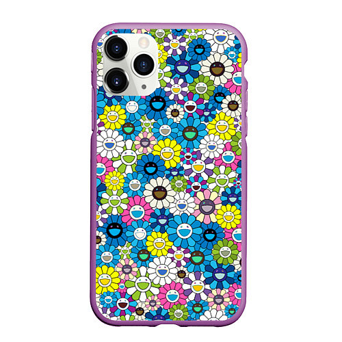 Чехол iPhone 11 Pro матовый Takashi Murakami Улыбающиеся цветы / 3D-Фиолетовый – фото 1