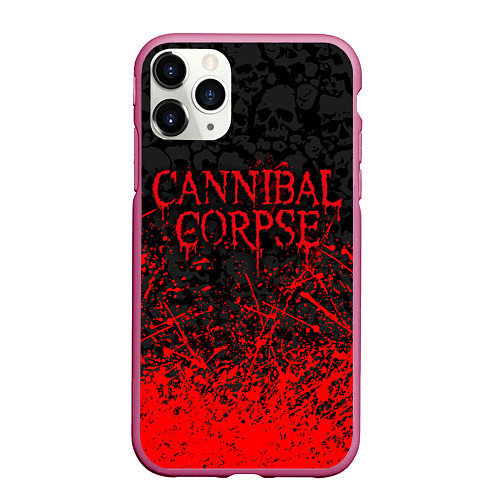 Чехол iPhone 11 Pro матовый CANNIBAL CORPSE, БРЫЗГИ КРАСОК ЧЕРЕПА / 3D-Малиновый – фото 1