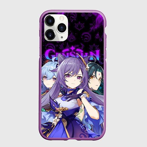 Чехол iPhone 11 Pro матовый GENSHIN IMPACT ГЕРОИНИ В НЕОНОВОМ ОГНЕ NEON FIRE / 3D-Фиолетовый – фото 1