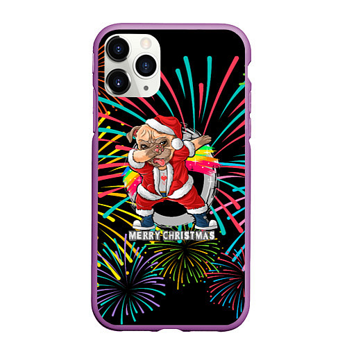 Чехол iPhone 11 Pro матовый Merry Christmas Mops Dabbing / 3D-Фиолетовый – фото 1