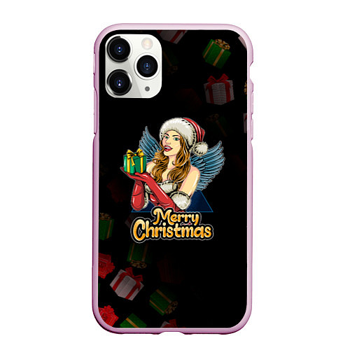 Чехол iPhone 11 Pro матовый Merry Christmas Снегурочка с подарком / 3D-Розовый – фото 1