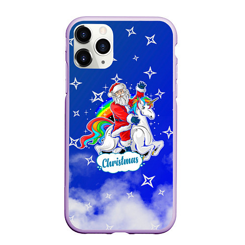 Чехол iPhone 11 Pro матовый Новогодний Санта с Единорогом / 3D-Сиреневый – фото 1