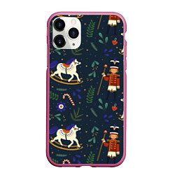 Чехол iPhone 11 Pro матовый Щелкунчик паттерн с лошадкой, цвет: 3D-малиновый
